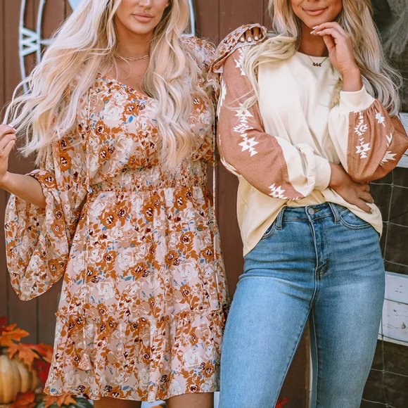 Orange Floral Smocked Waist Dress - Picture 9 of 11